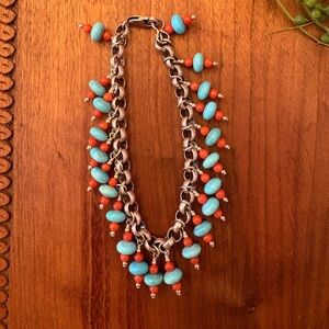 Navajo Made Sterling Silver Turquoise & Coral CHA CHA Dangle Charm Bracelet 8”